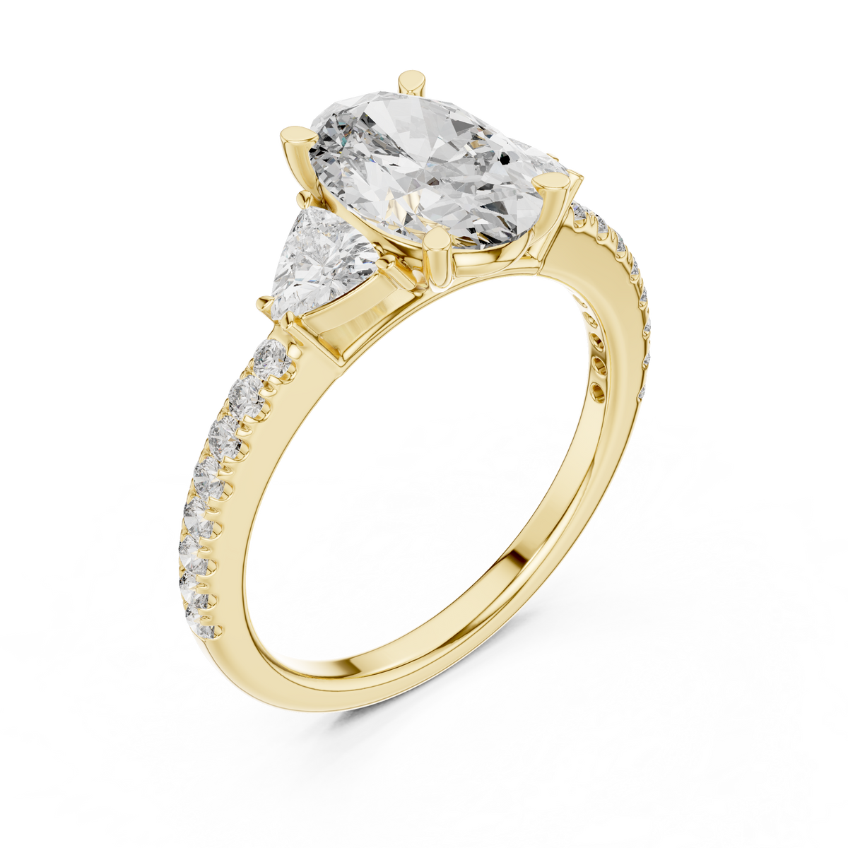 2.00 CT Oval Lab Grown Diamond Trillion Side Stone Ring, Yellow Gold