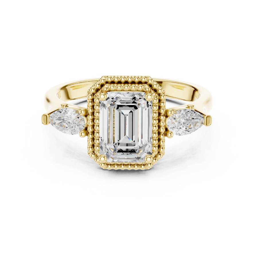 Emerald Cut Lab-Grown Diamond Halo Ring with Pear Side Stones, Yellow Gold