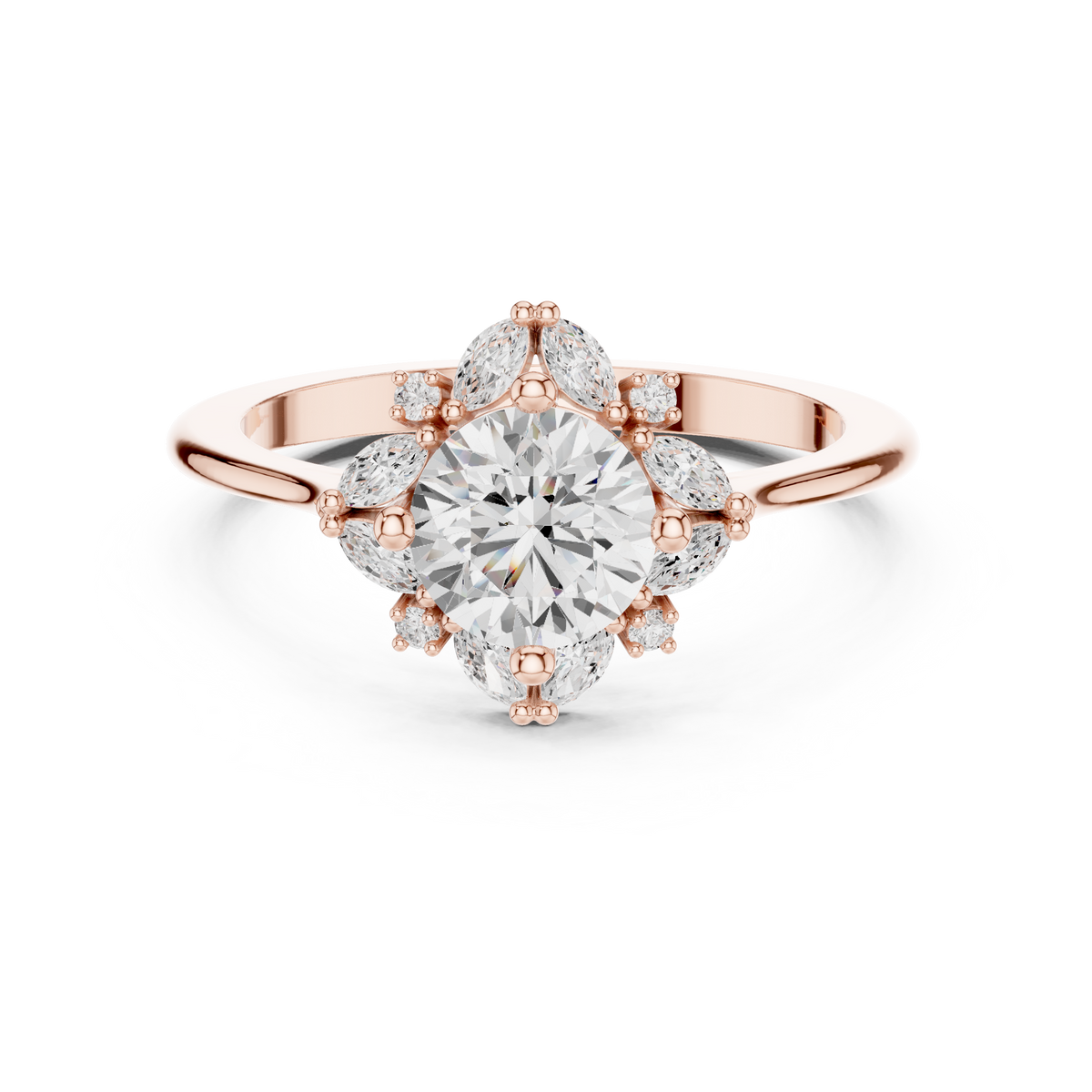 1.00 Carat Round Cut Lab Grown Diamond Marquise Floral Halo Ring, Rose Gold
