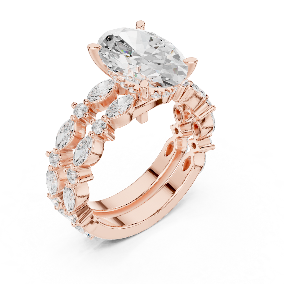 Oval Lab Grown Diamond Stackable Ring with Marquise & Round Accents, Rose Gold