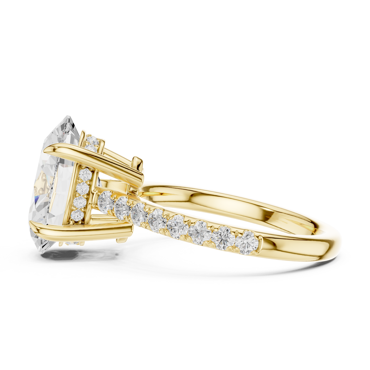 Oval Cut Lab-Grown Diamond Proposal Ring with Hidden Halo and Pavé Band, Yellow Gold