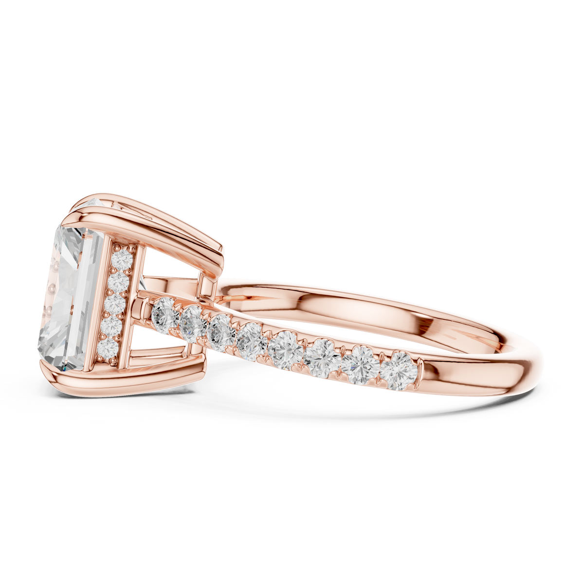 Radiant Cut Lab-Grown Diamond Proposal Ring with Hidden Halo and Pavé Band, Rose Gold