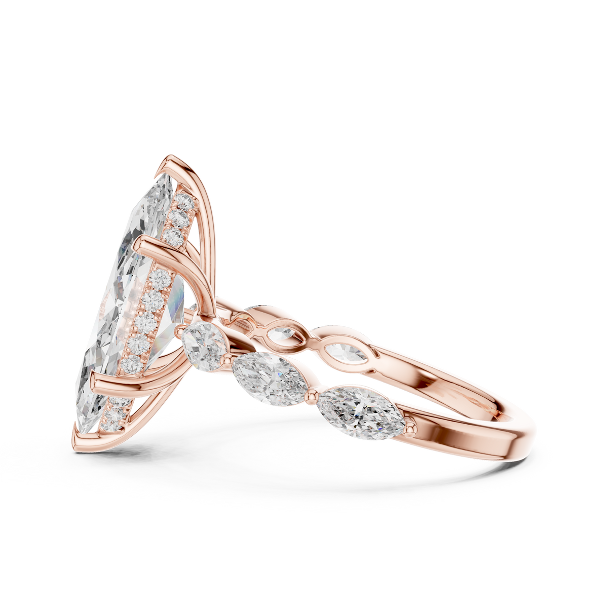 Marquise Cut Lab Grown Diamond Ring with Marquise Side Stones, Rose Gold