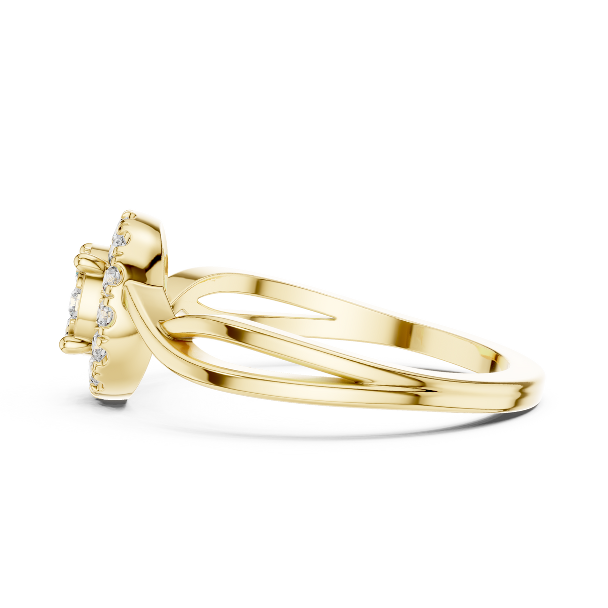 Round Cut Lab Grown Diamond Cluster Halo Ring with Twisted Pavé Band, Yellow Gold