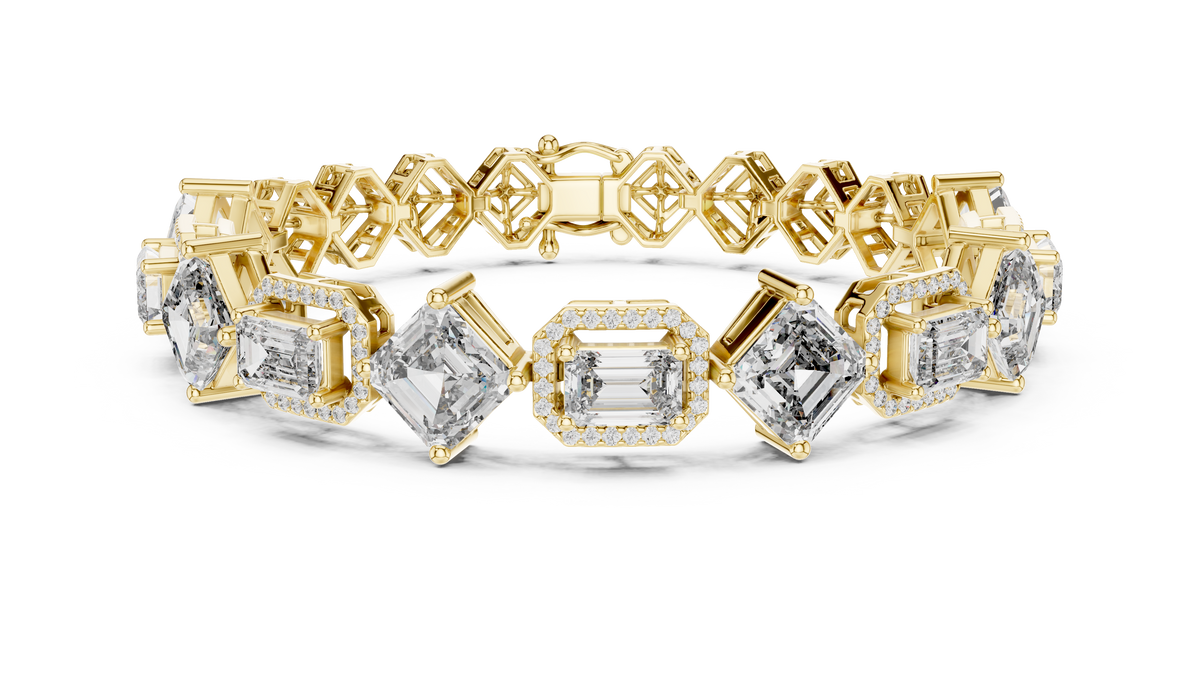 Emerald Cut & Asscher IGI Certified Lab Grown Diamond Tennis Bracelet, Yellow Gold