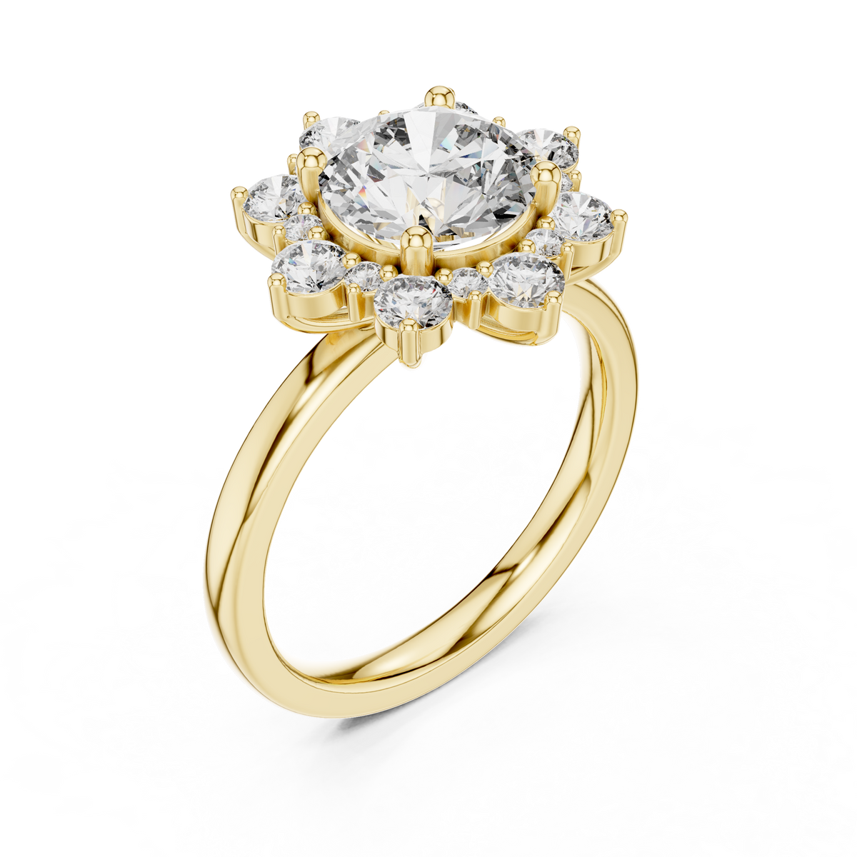 Round Cut Lab Grown Diamond Floral Halo Ring with Diamond Accents, Yellow Gold