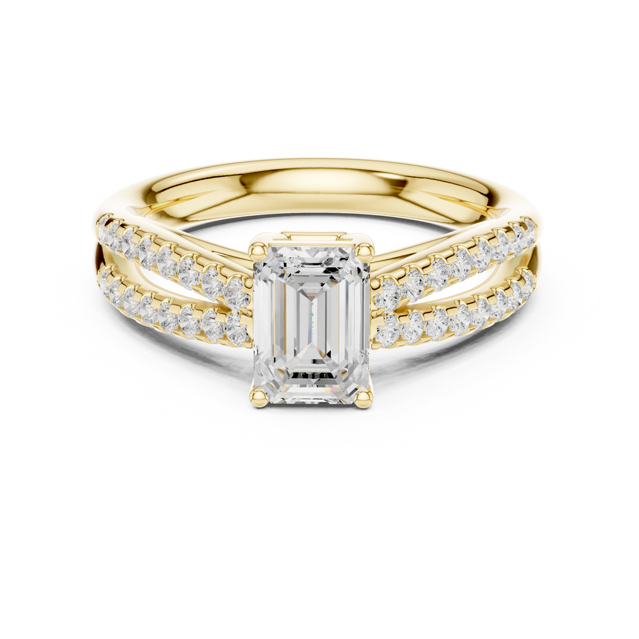 Emerald Cut Lab Grown Diamond Ring with Double Row Band, Yellow Gold