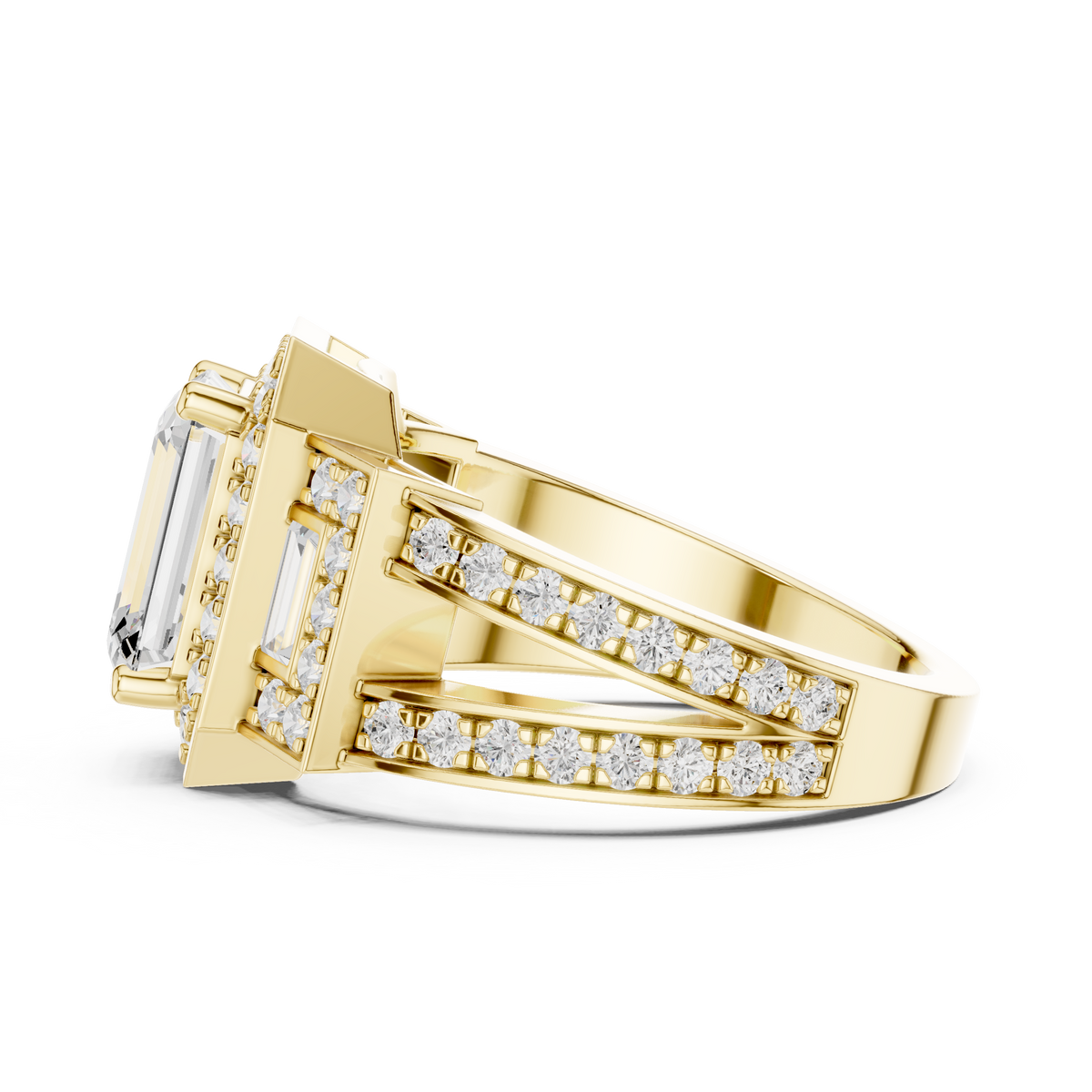 2.50 CT Emerald Cut Lab-Grown Diamond 3 Stone Ring with Baguette & Pavé Accents, Yellow Gold