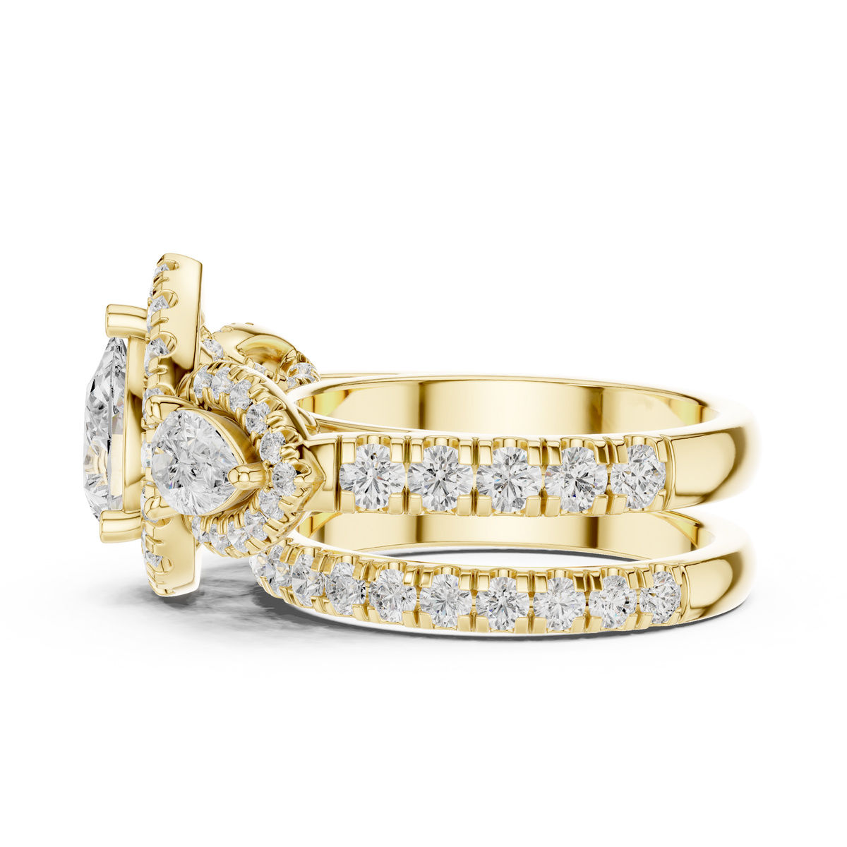 2.50 Ct Pear Cut Lab Grown Diamond Stackable Ring with Side Pear & Round Accents, Yellow Gold