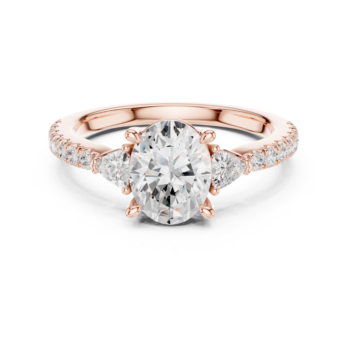 Oval Cut Lab Grown Diamond Proposal Ring with Trillion Side Stones, Rose Gold