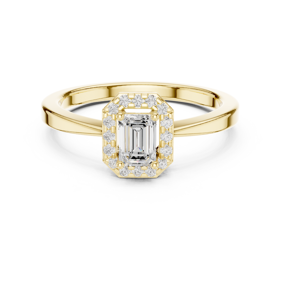 Emerald Cut Lab Grown Diamond Halo Ring with Round Diamond Accents, Yellow Gold