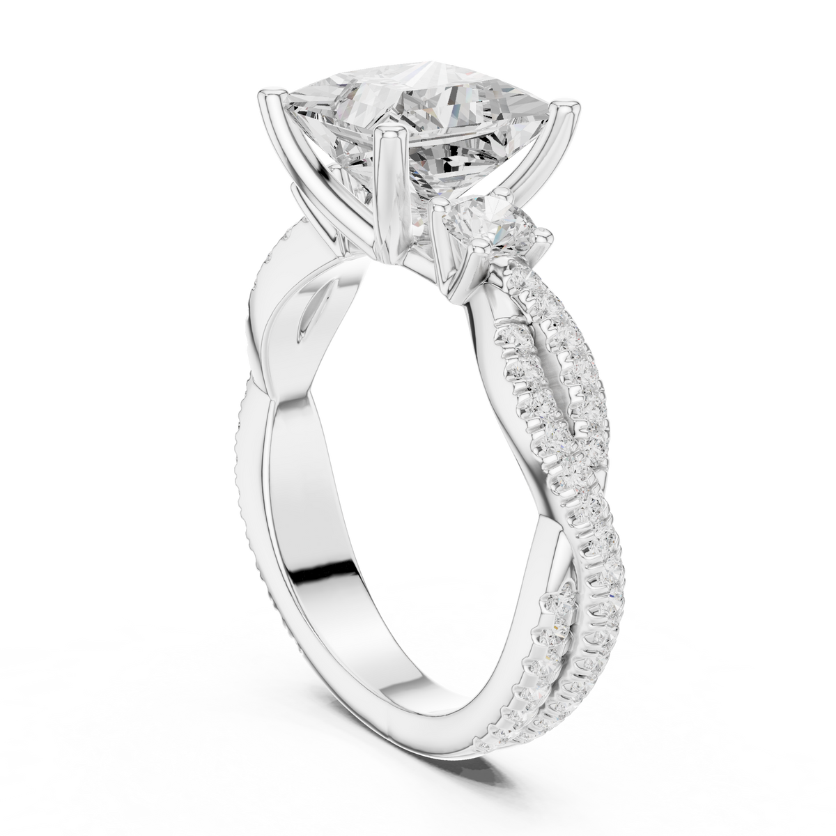 Princess Cut Lab-Grown Diamond 3 Stone Proposal Ring with Twisted Pavé Band, White Gold