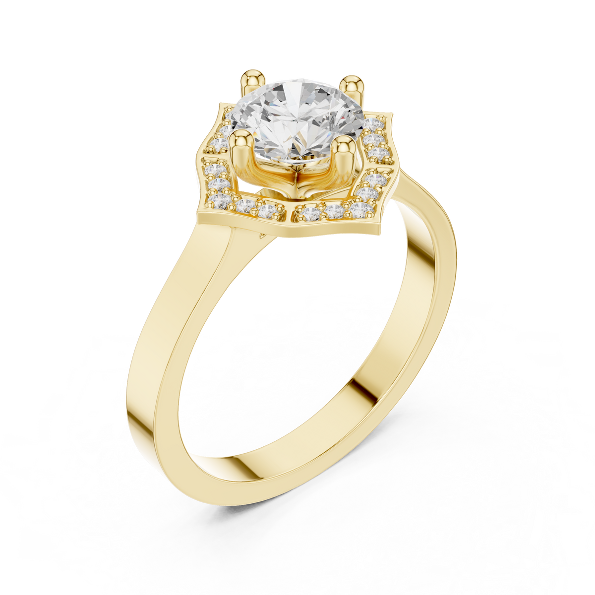 IGI Certified 0.86 Carat Round Cut Lab Grown Diamond Geometric Halo Ring, Yellow Gold