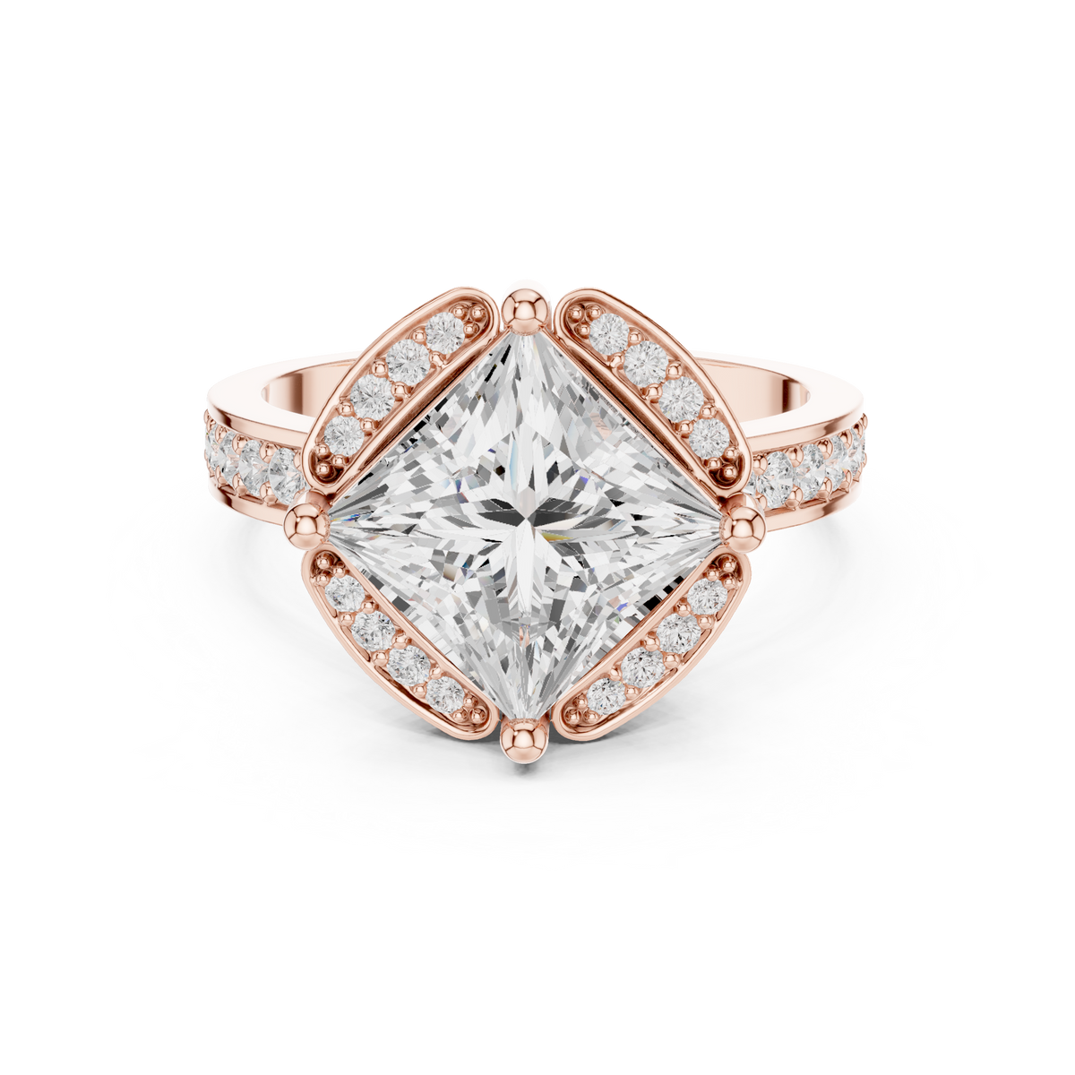 2.00 CT Princess Cut Lab-Grown Diamond Halo Ring with Round Pavé Accents, Rose Gold