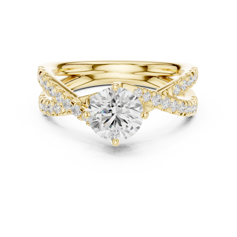 Crisscross Pavé Band Solitaire Round Lab Grown Diamond Ring, Yellow Gold