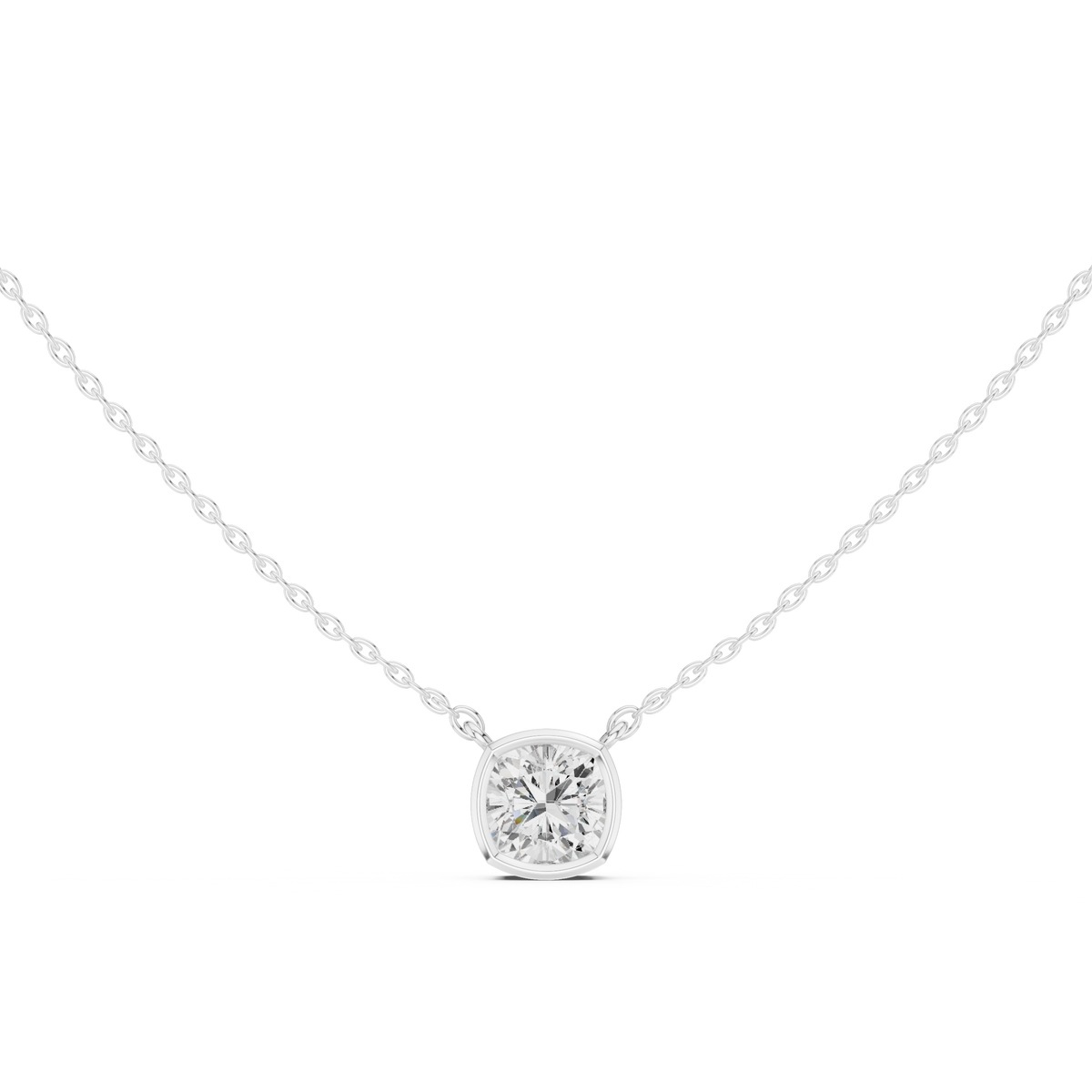 Cushion Cut Bezel Lab Grown Diamond Solitaire Pendant, White Gold