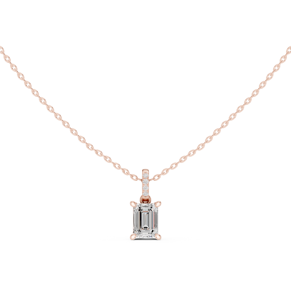Emerald Cut Lab Grown Diamond Solitaire Pendant with Diamond Bail Necklace, Rose Gold
