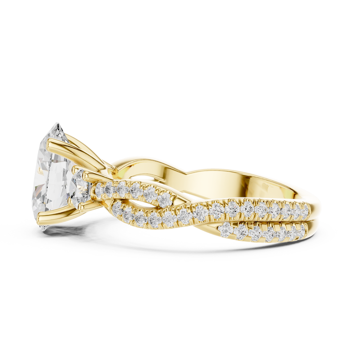 Oval Cut Lab-Grown Diamond 3 Stone Proposal Ring with Twisted Pavé Band, Yellow Gold