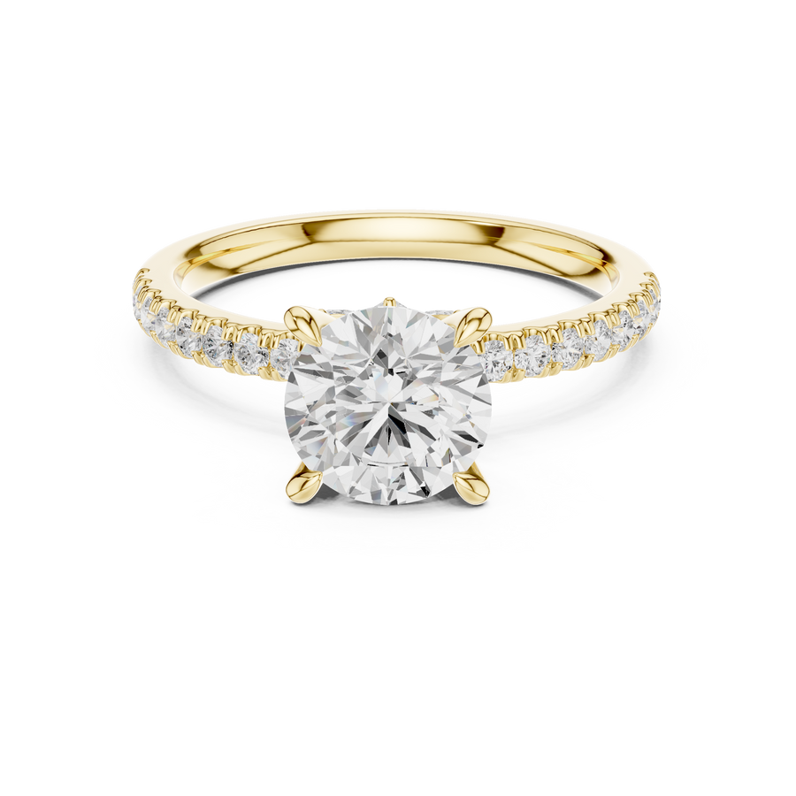Round Cut Lab-Grown Diamond Wedding Ring with Hidden Halo and Pavé Band, Yellow Gold