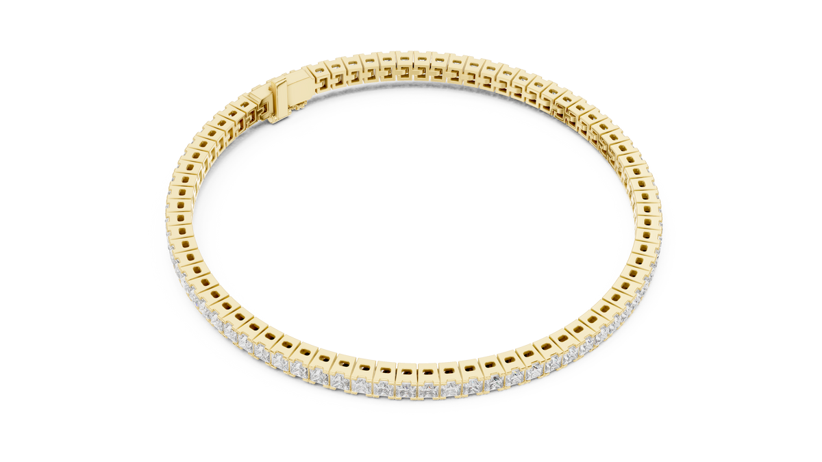 IGI Certified Princess Cut Lab Grown Diamond Tennis Bracelet, Yellow Gold