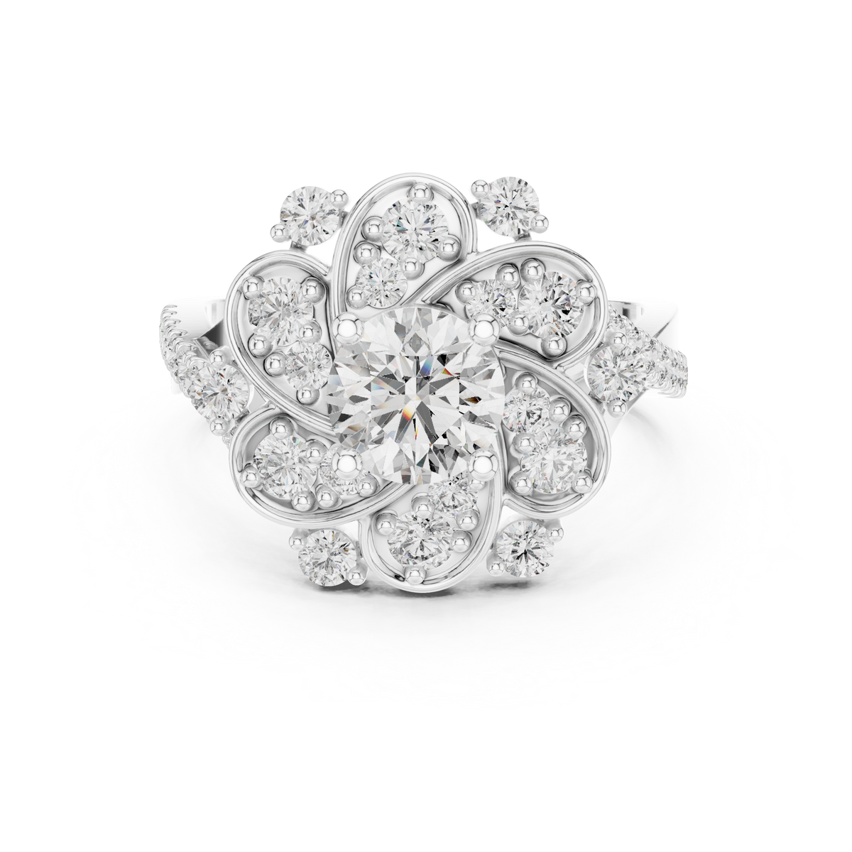 Lab Grown Diamond Floral Cluster Ring – 1.65 CT Round Cut, White Gold