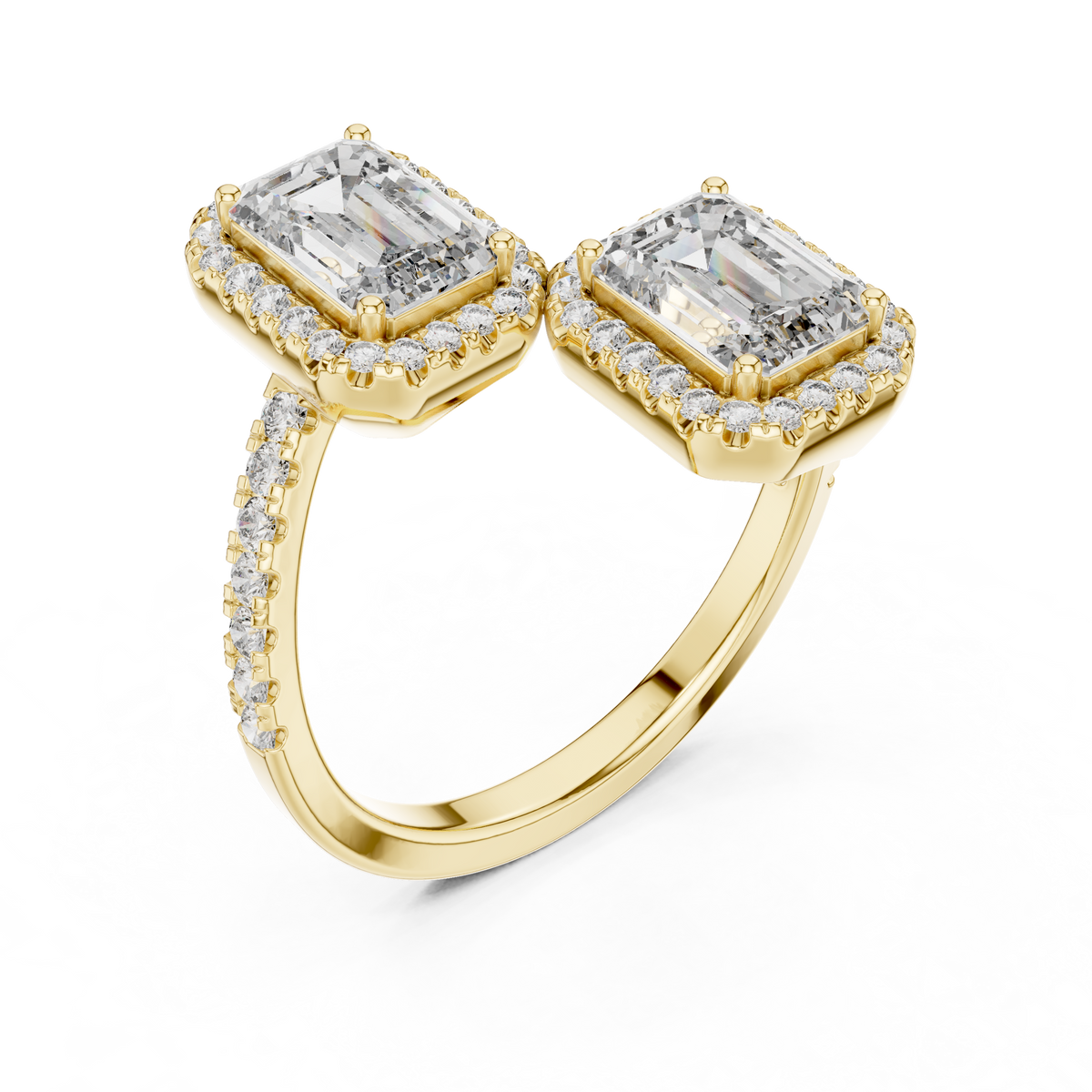 Emerald Cut Lab Grown Diamond Toi et Moi Ring with Round Diamond Halo, Yellow Gold
