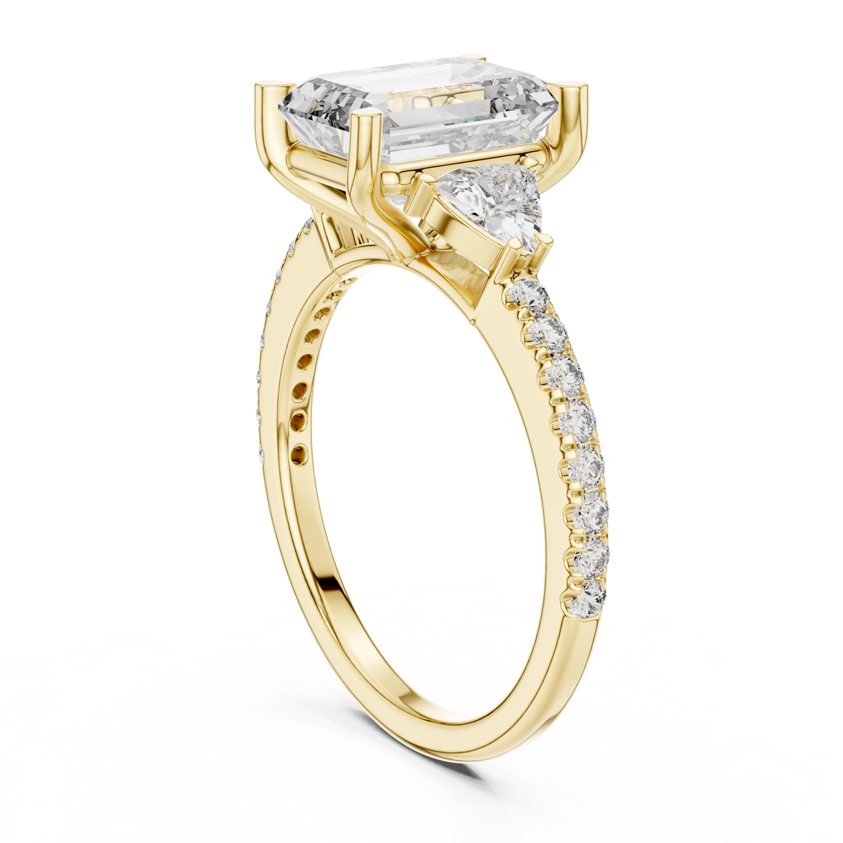 2.65 CT Emerald Cut Lab-Grown Diamond Three-Stone Ring, Yellow Gold