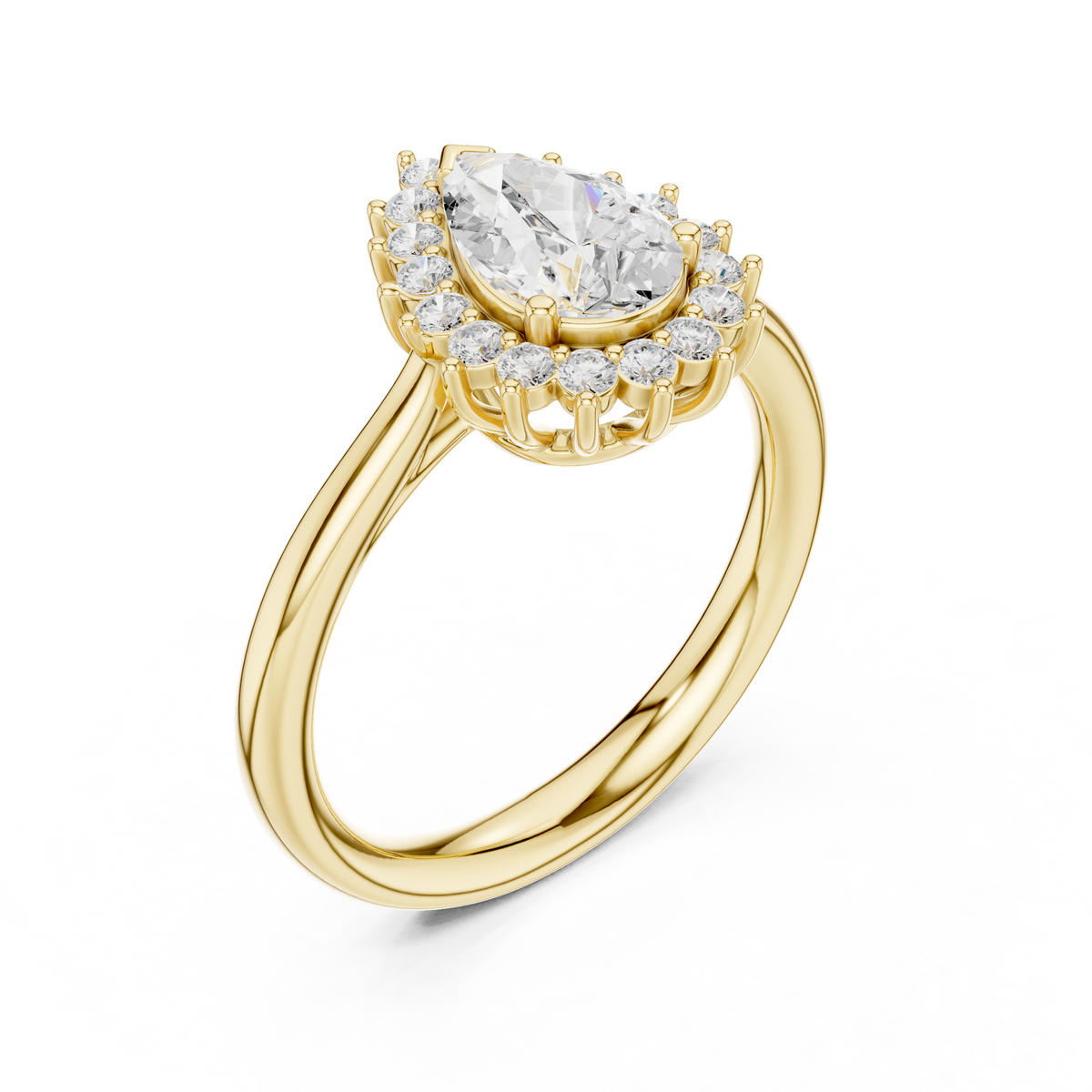 Pear Cut Lab Grown Diamond Halo Ring IGI Certified, Yellow Gold