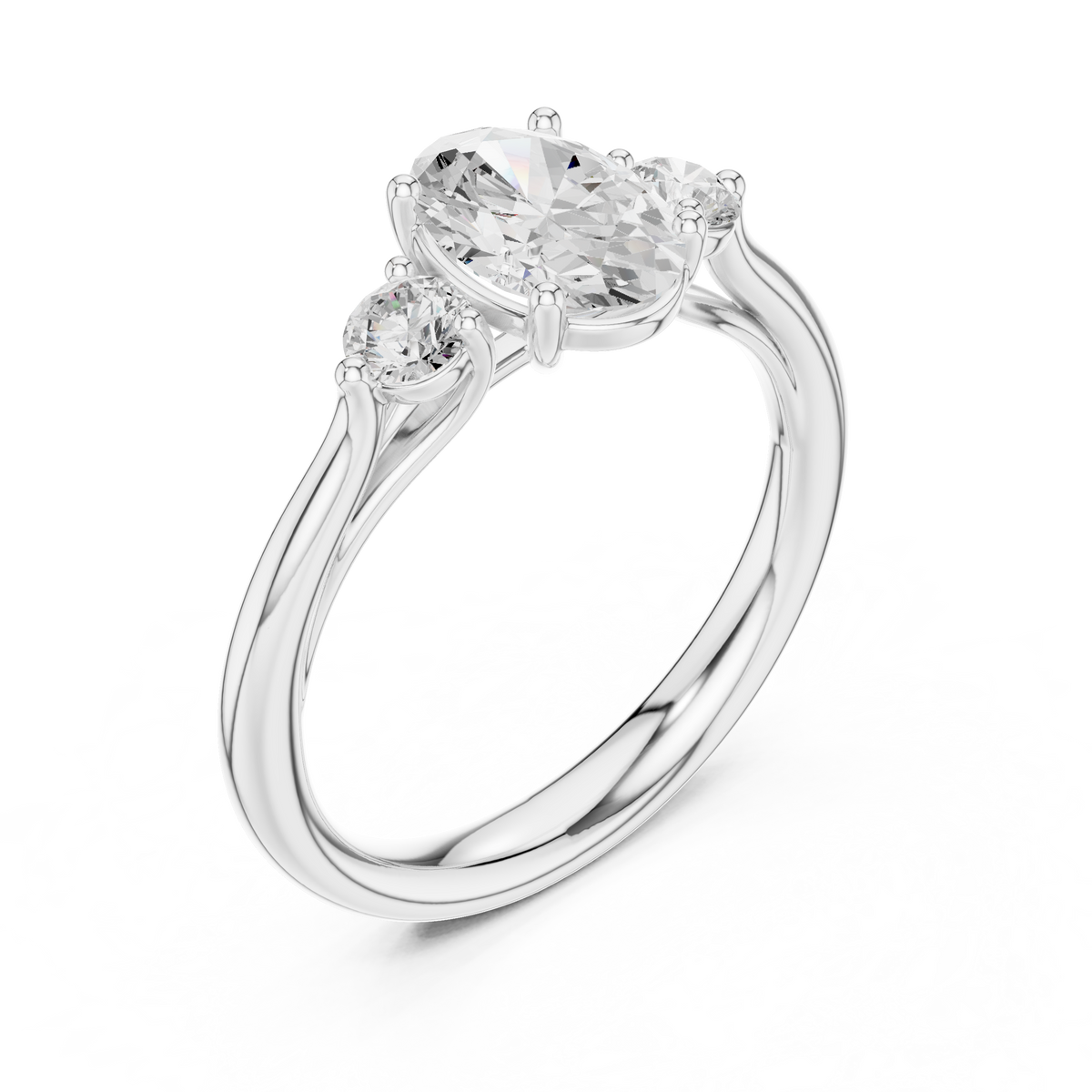 Oval Cut Lab Grown Diamond Three Stone Ring with Round Side Stones, White Gold
