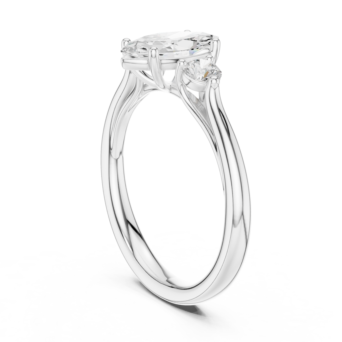 Marquise Cut Lab Grown Diamond Three Stone Ring with Round Side Stones, White Gold