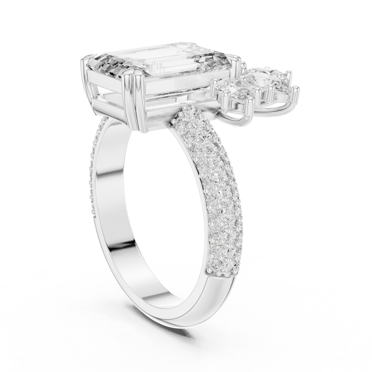 4 Carat Emerald Cut Lab Grown Diamond Ring with Floral Side Stones, White Gold