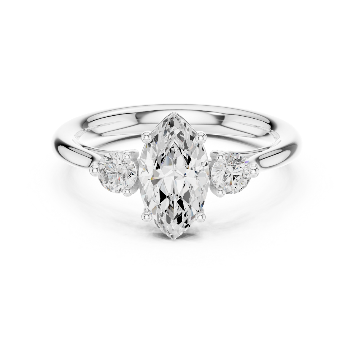 Marquise Cut Lab Grown Diamond Three Stone Ring with Round Side Stones, White Gold