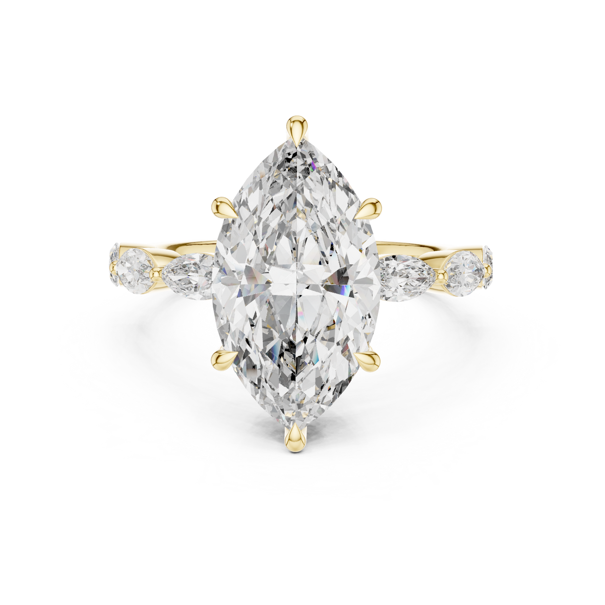 Marquise Cut Lab Grown Diamond Ring with Marquise Side Stones, Yellow Gold