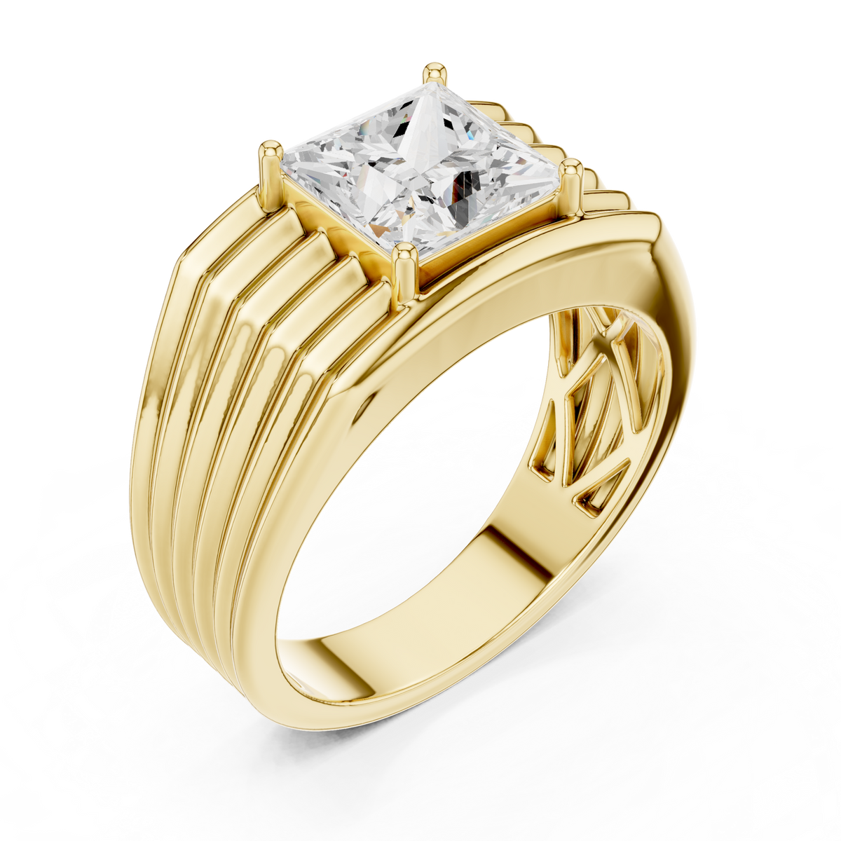 IGI Certified Princess Cut Lab-Grown Diamond Men's Statement Ring, Yellow Gold