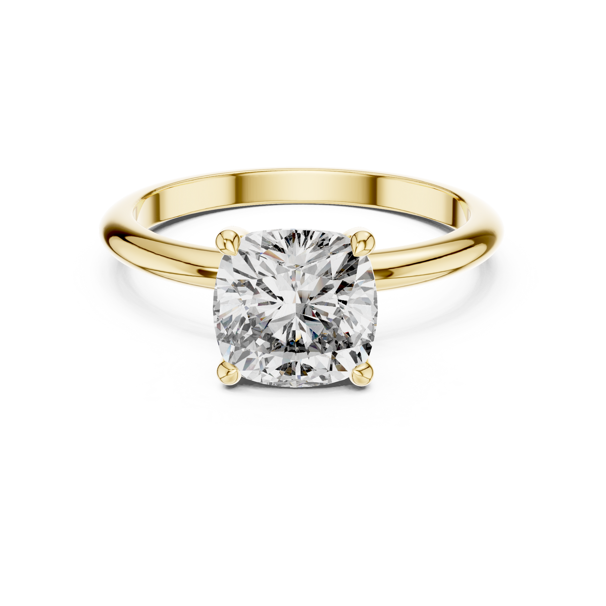 Classic Solitaire 2 Carat Cushion Cut Lab Grown Diamond Ring, Yellow Gold