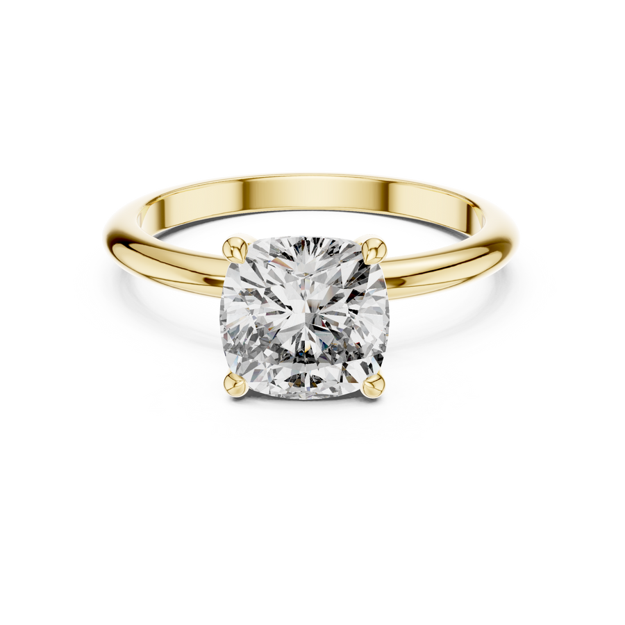 Classic Solitaire 2 Carat Cushion Cut Lab Grown Diamond Ring, Yellow Gold