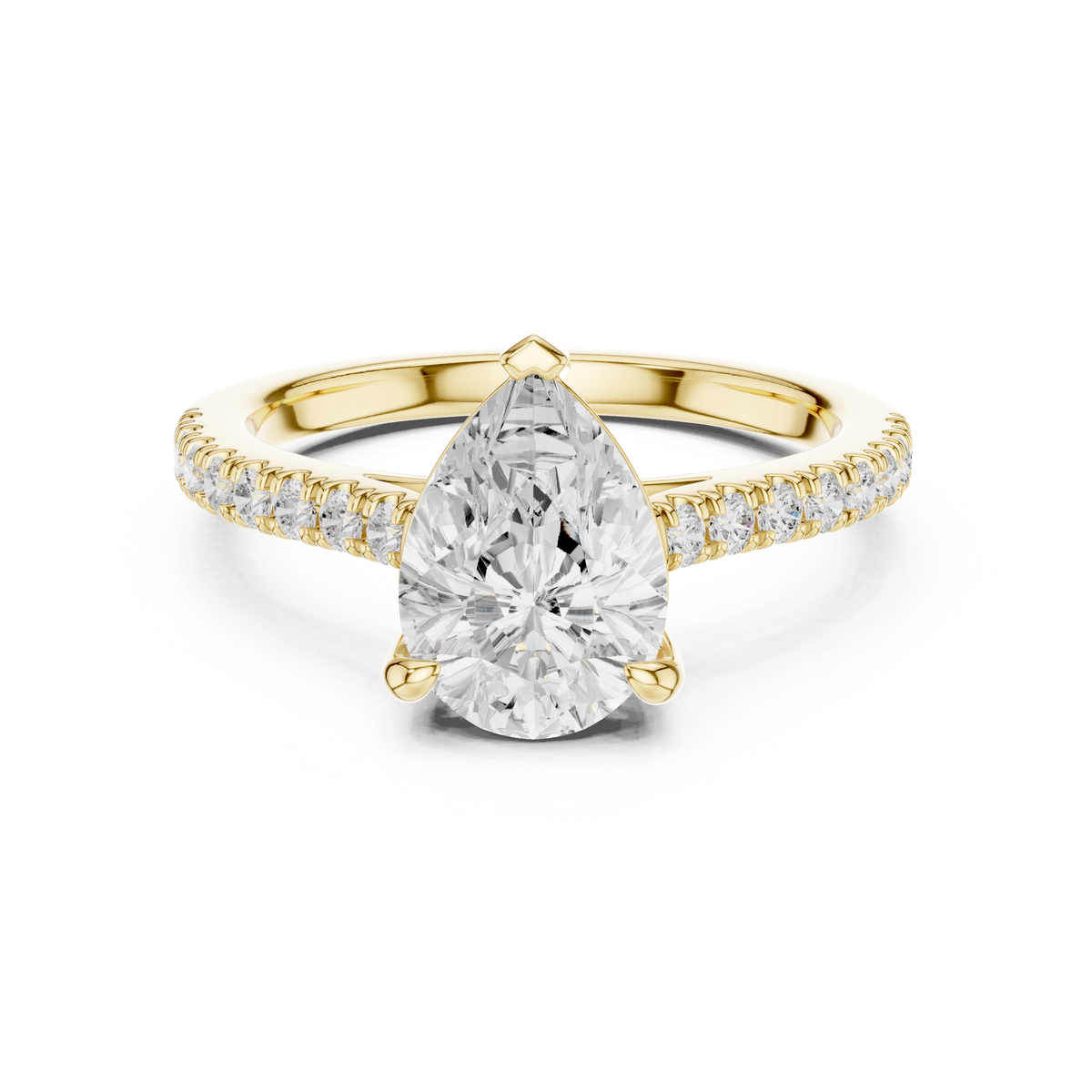 1.50 CT Pear Cut Lab Grown Diamond Pavé Ring, Yellow Gold