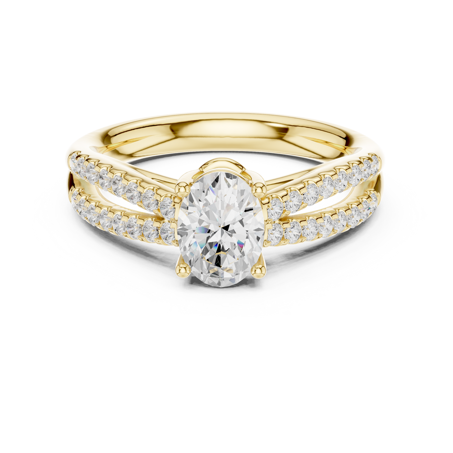 Oval Cut Lab Grown Diamond Ring with Double Row Band, Yellow Gold