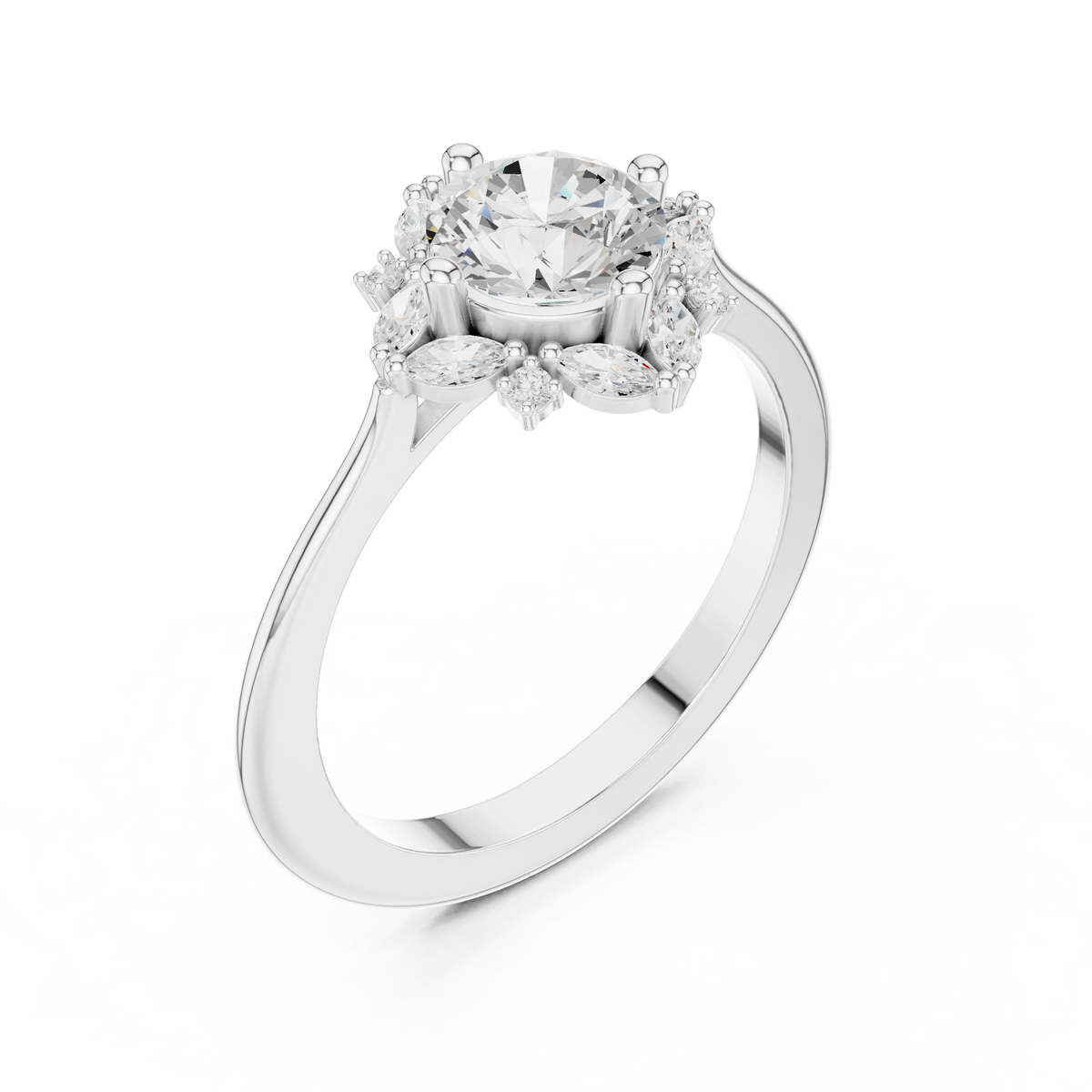 1.00 Carat Round Cut Lab Grown Diamond Marquise Floral Halo Ring, White Gold