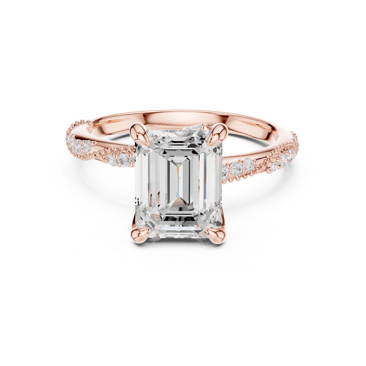 Emerald Cut Lab-Grown Diamond Engagement Ring with Marquise and Pavé Accent Band, Rose Gold