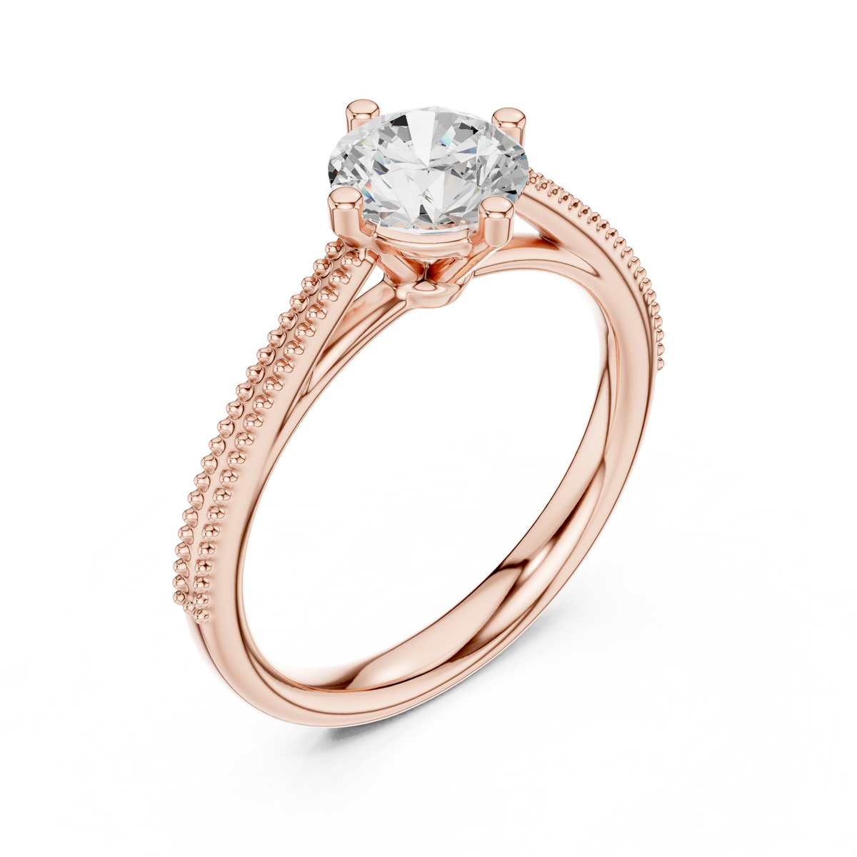 Beaded Band Solitaire Round Lab Grown Diamond Ring, Rose Gold