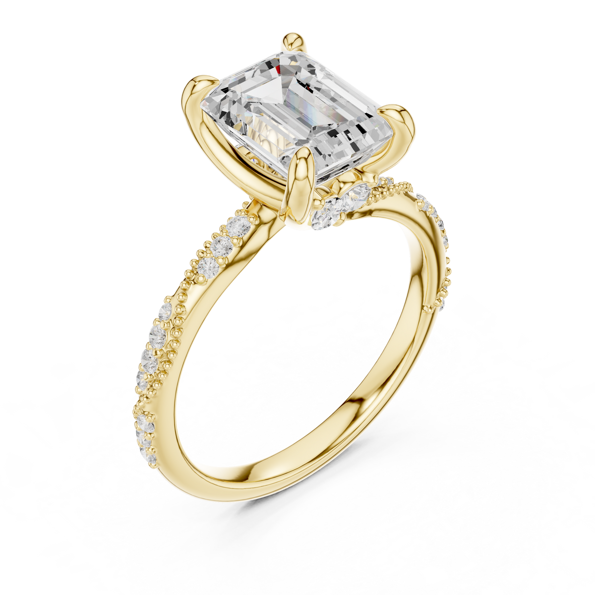 Emerald Cut Lab-Grown Diamond Engagement Ring with Marquise and Pavé Accent Band, Yellow Gold