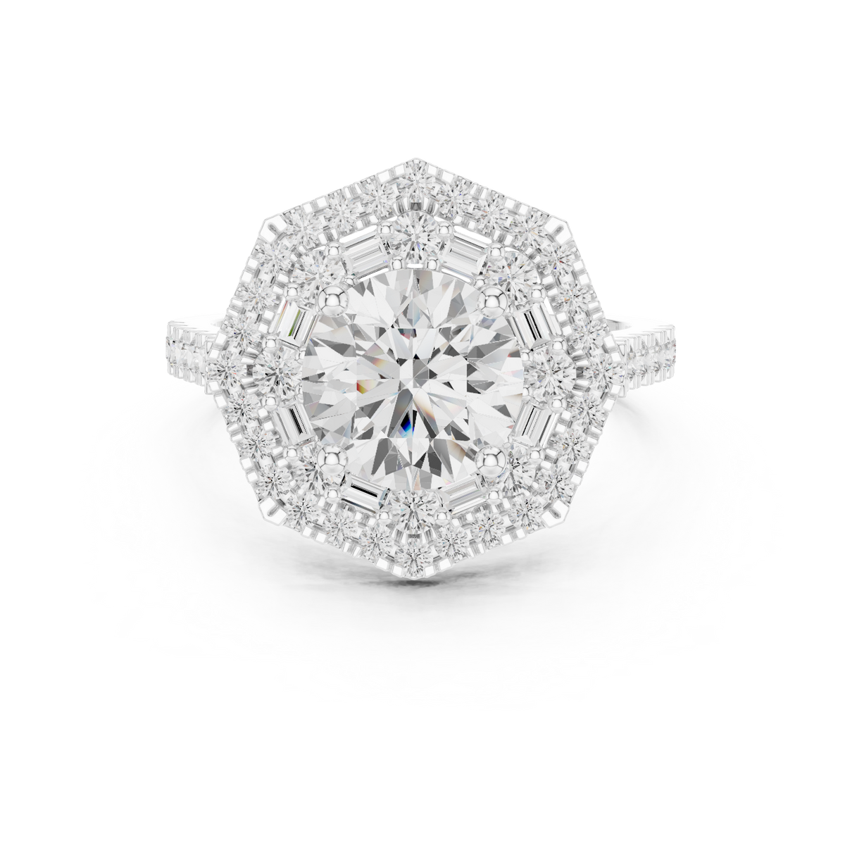 IGI Certified 1.50 Carat Round Cut Lab Grown Diamond Double Halo Baguette Accent Ring, White Gold
