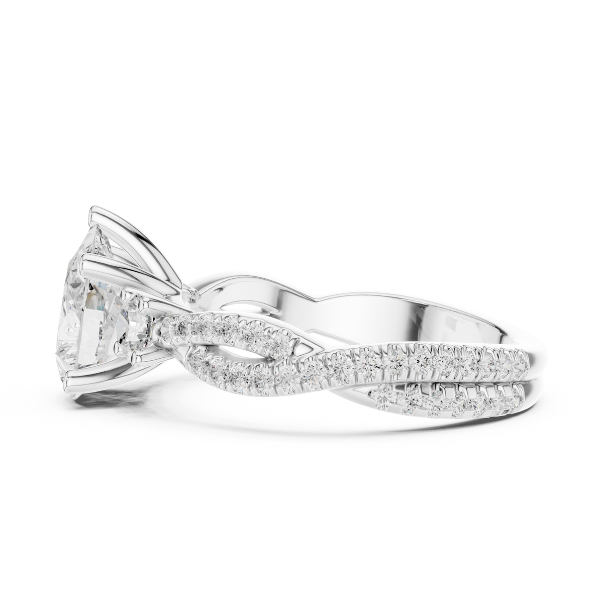 Pear Cut Lab-Grown Diamond 3 Stone Proposal Ring with Twisted Pavé Band, White Gold
