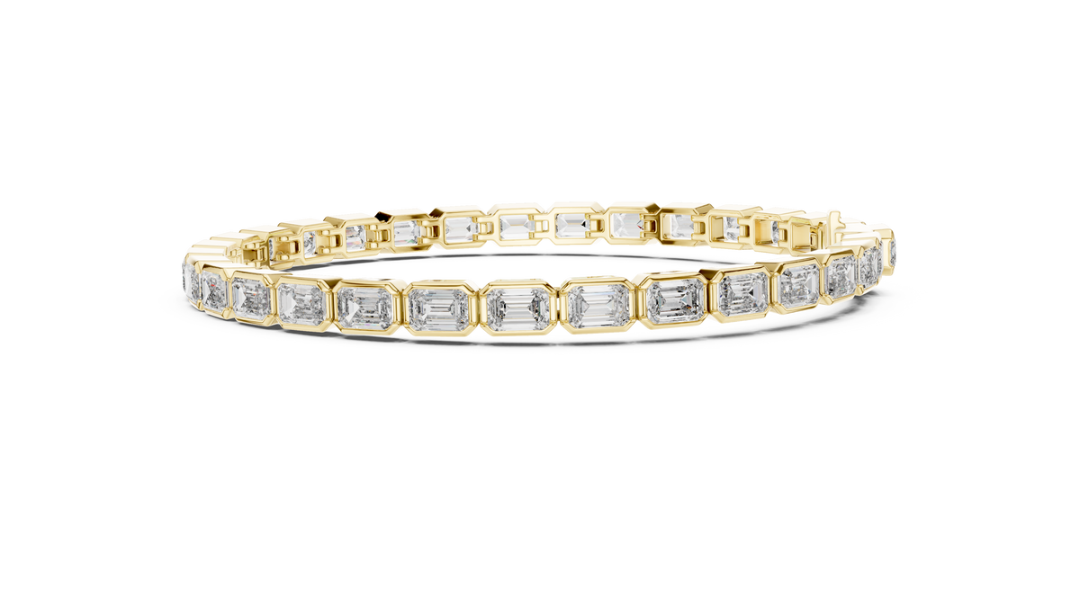 Bezel Emerald Cut Lab Grown Diamond Tennis Bracelet, Yellow Gold