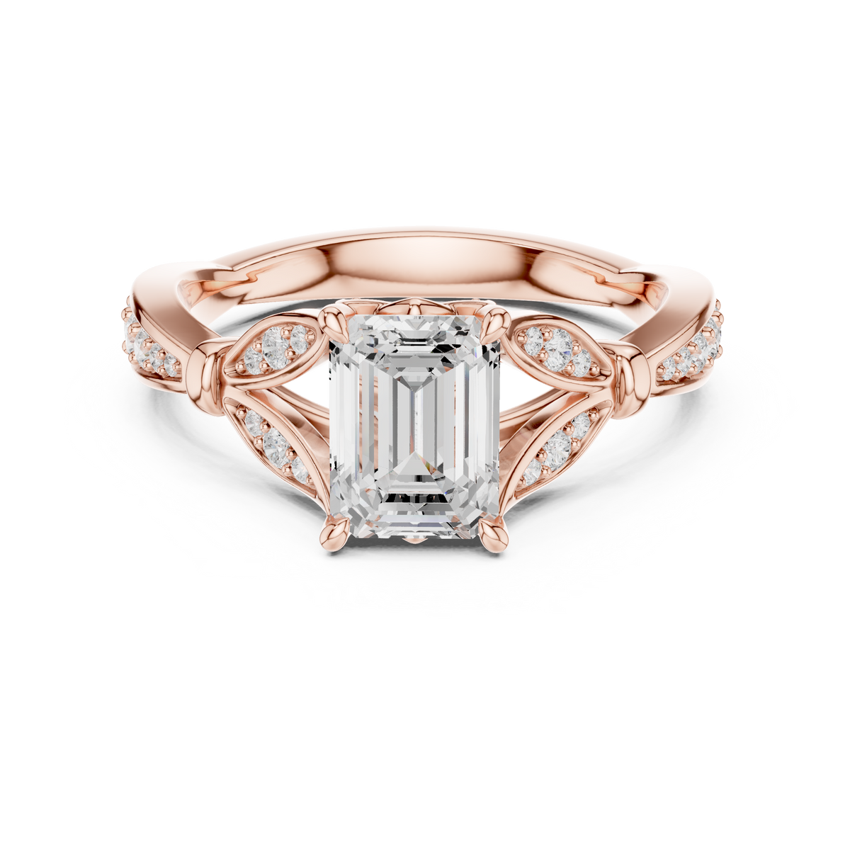 1.50 CT Emerald Cut Lab-Grown Diamond Leaf Twist Ring, Rose Gold