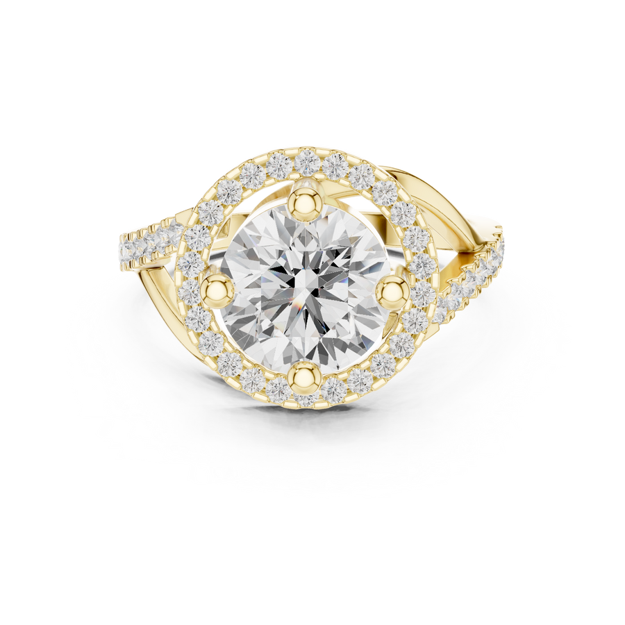 2.00 CT Round Lab-Grown Diamond Halo Ring with Pavé Split-Shank Band, Yellow Gold