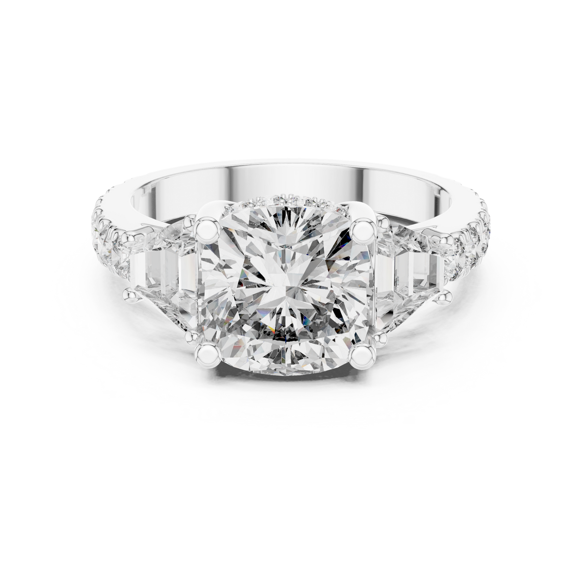 Cushion Cut Lab Grown Diamond Halo Engagement Ring with Pavé Double Band, White Gold