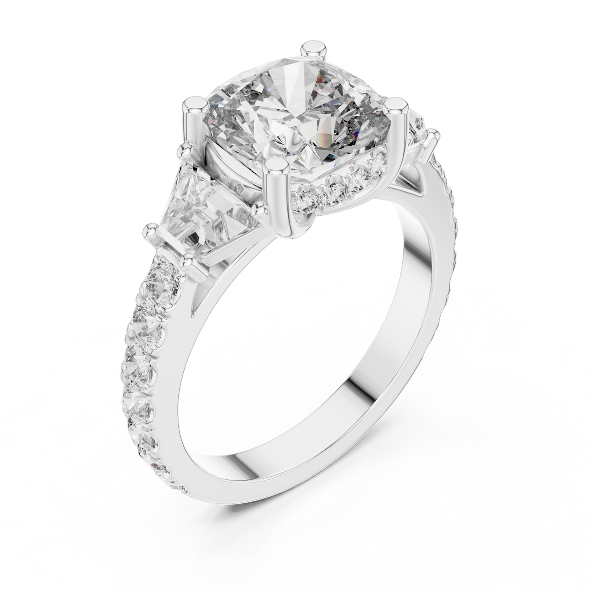 Cushion Cut Lab Grown Diamond Halo Engagement Ring with Pavé Double Band, White Gold