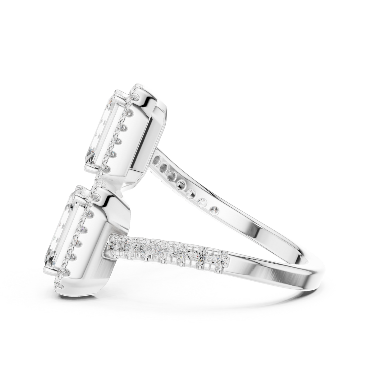 Emerald Cut Lab Grown Diamond Toi et Moi Ring with Round Diamond Halo, White Gold